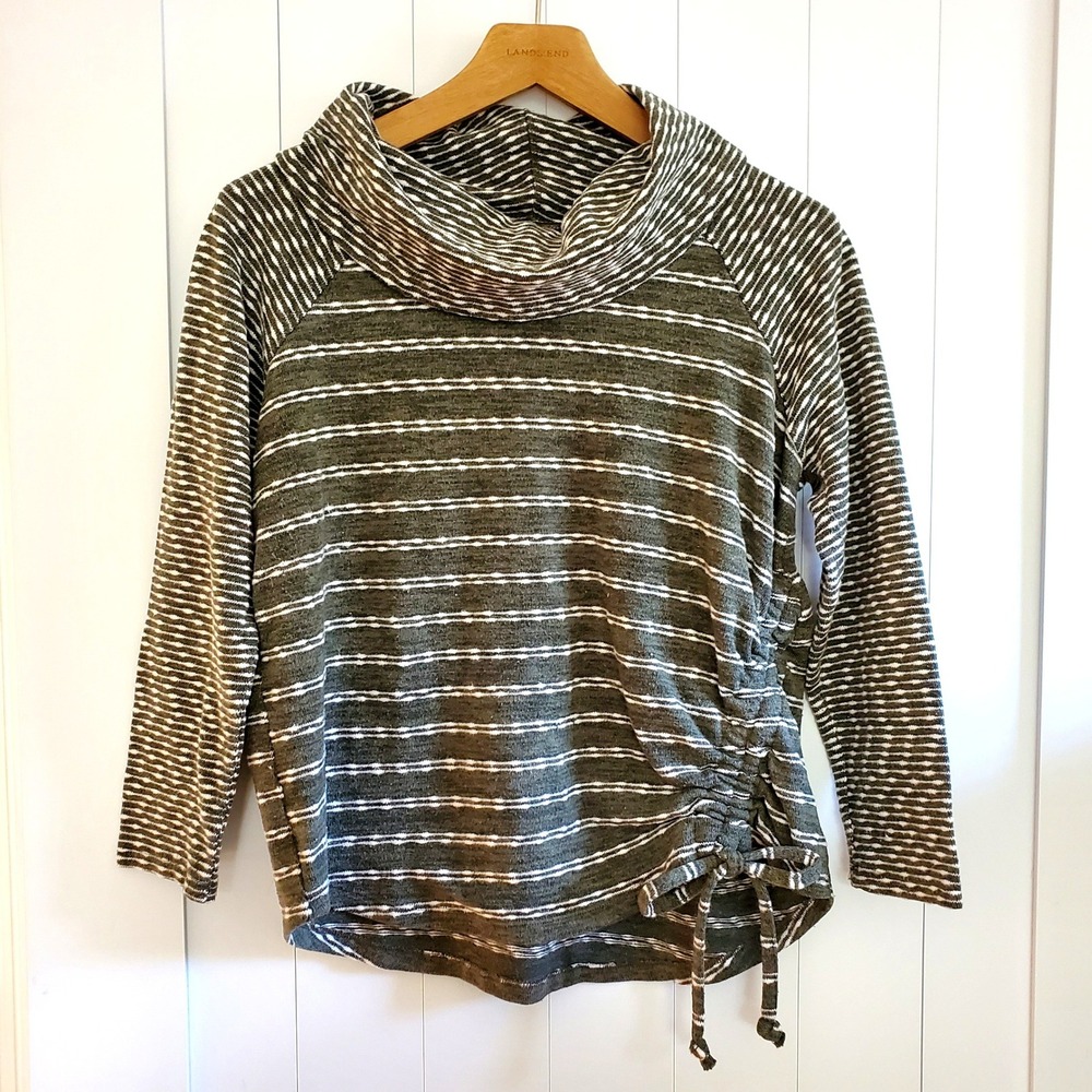 Womens Lg Olive Green Striped Cowl Neck Side Ruched Lagenlook Top Asymmetrical